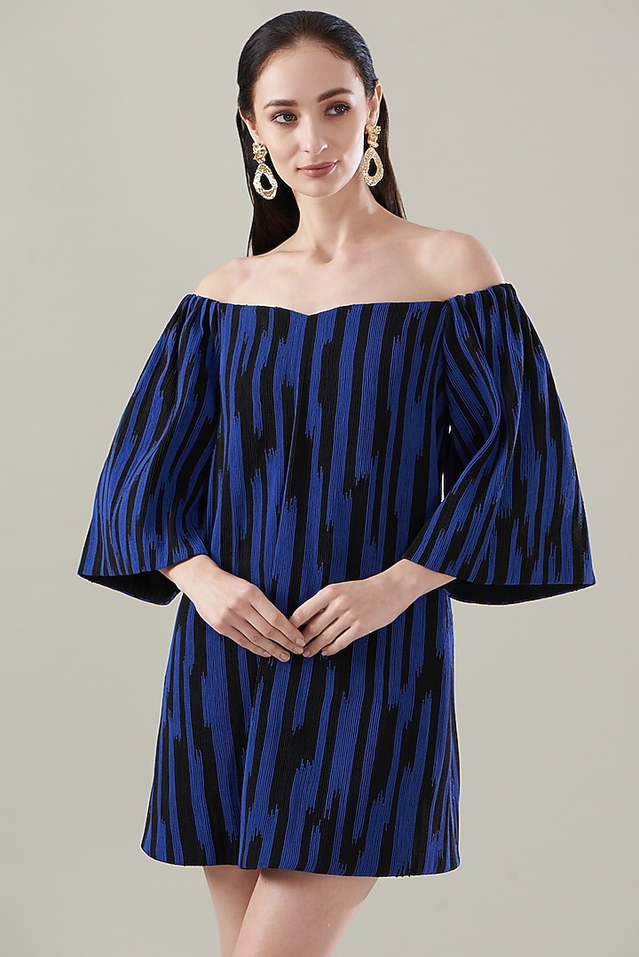 Blue Satin & Chiffon Cord Off-Shoulder Party Wear Dress by Rimzim Dadu at Pernia's Pop Up Shop