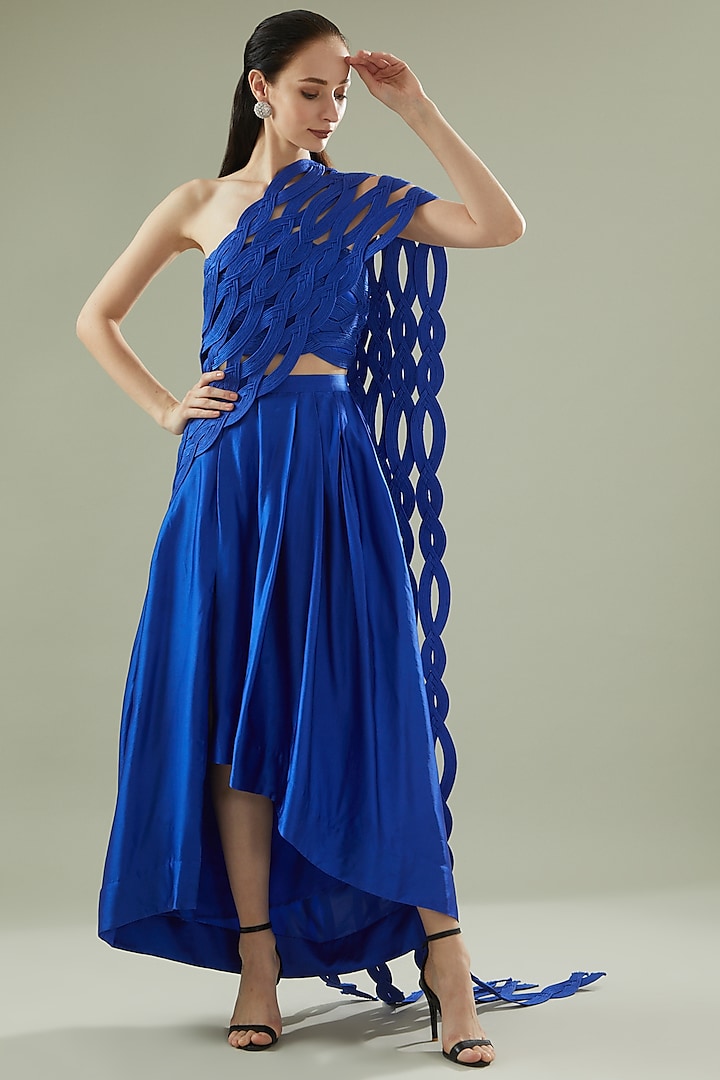 Blue Satin Draped Saree Set by Rimzim Dadu