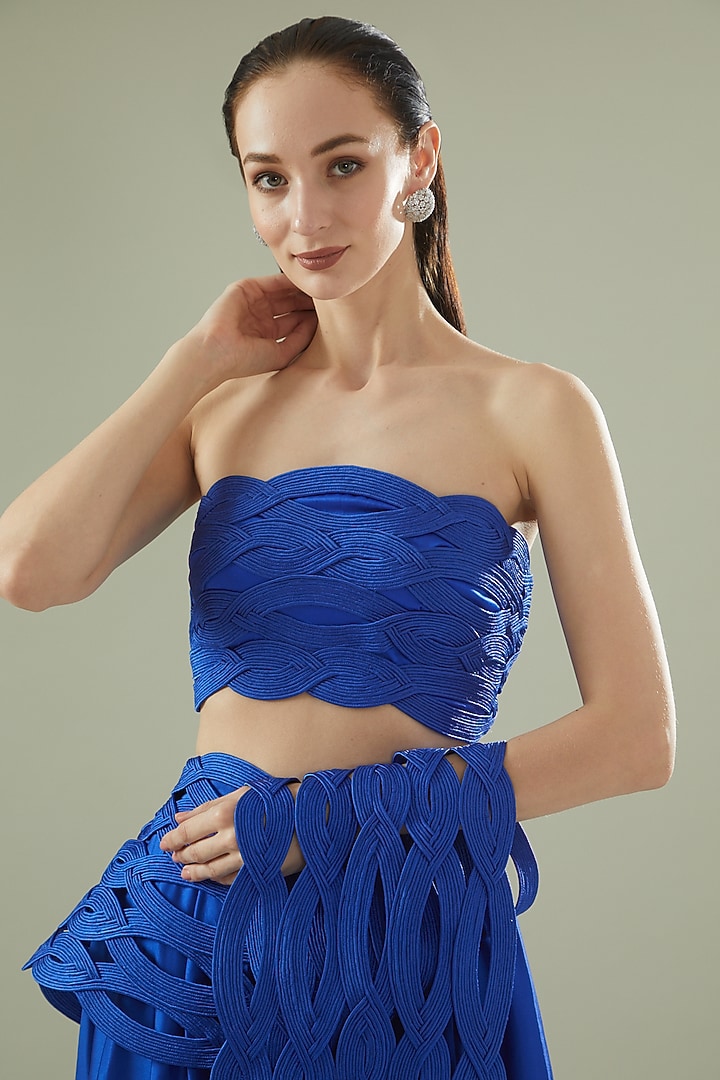 Blue Satin Draped Bridal Saree Set by Rimzim Dadu at Pernia's Pop Up Shop