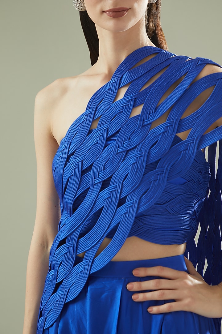 Blue Satin Draped Bridal Saree Set by Rimzim Dadu at Pernia's Pop Up Shop