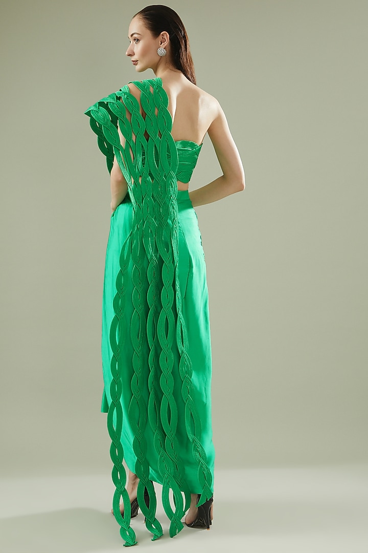 Green Satin Draped Bridal Saree Set by Rimzim Dadu at Pernia's Pop Up Shop