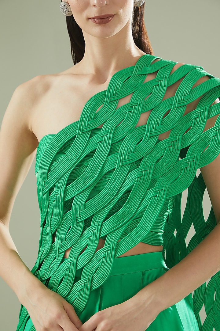 Green Satin Draped Bridal Saree Set by Rimzim Dadu at Pernia's Pop Up Shop