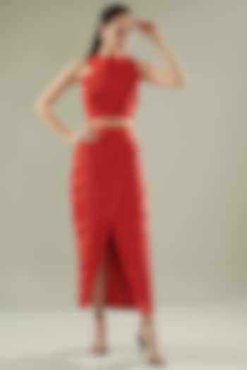 Red Satin Embroidered Skirt Set by Rimzim Dadu
