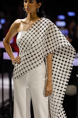 White & Black Organdy Pant Saree Set by Rimzim Dadu