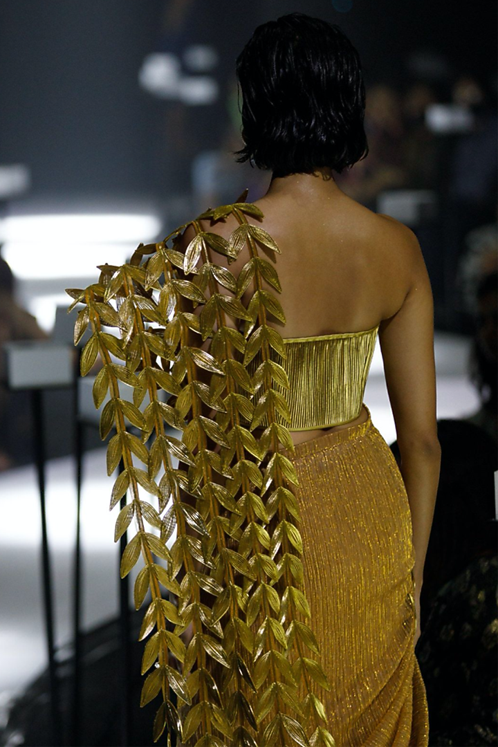 Gold Draped Metallic Cord Bridal Saree Set by Rimzim Dadu at Pernia's Pop Up Shop