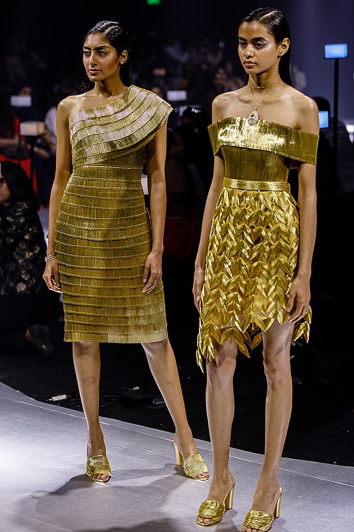 Gold Metallic One Shoulder Party Wear Dress by Rimzim Dadu at Pernia's Pop Up Shop