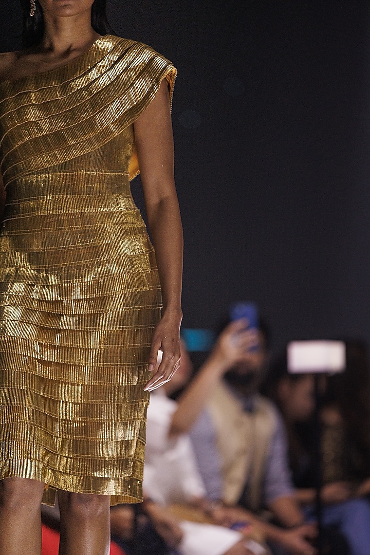 Gold Metallic One Shoulder Party Wear Dress by Rimzim Dadu at Pernia's Pop Up Shop