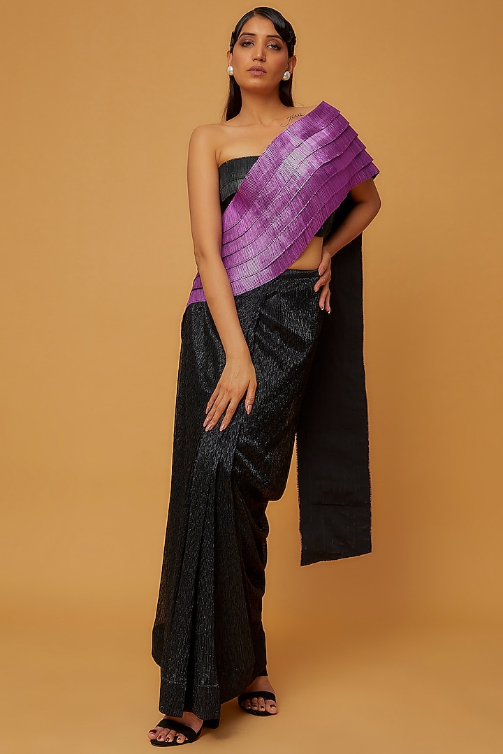 Metallic Purple & Black Lurex Embroidered Saree Set by Rimzim Dadu