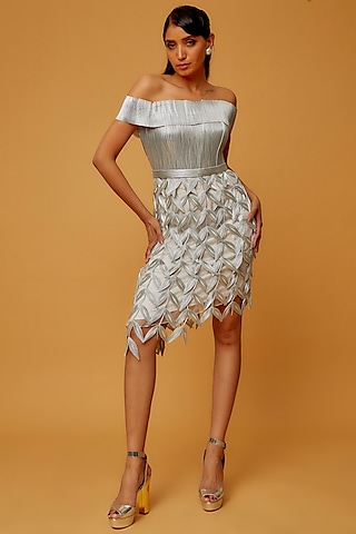 Metallic Silver Organza Embroidered Asymmetric Dress by Rimzim Dadu