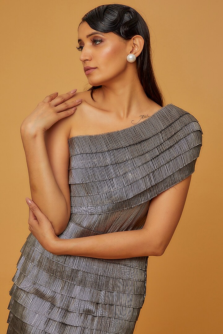 Black & White Organza Embroidered One-Shoulder Party Wear Dress by Rimzim Dadu at Pernia's Pop Up Shop