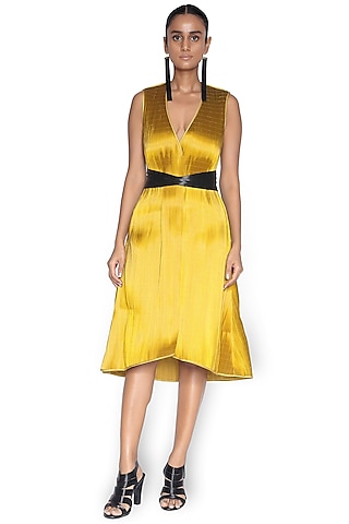Gold Metallic Textured Jacket Dress by Rimzim Dadu