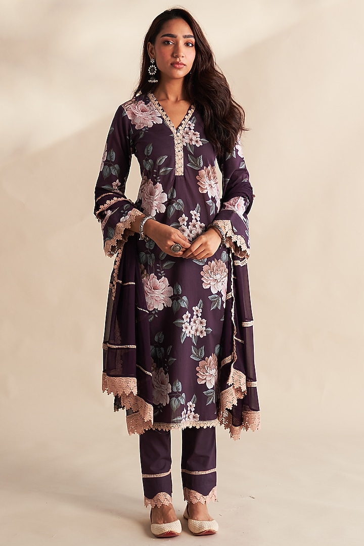 Purple Cambric Cotton Floral Printed Kurta Set by Roze at Pernia's Pop Up Shop