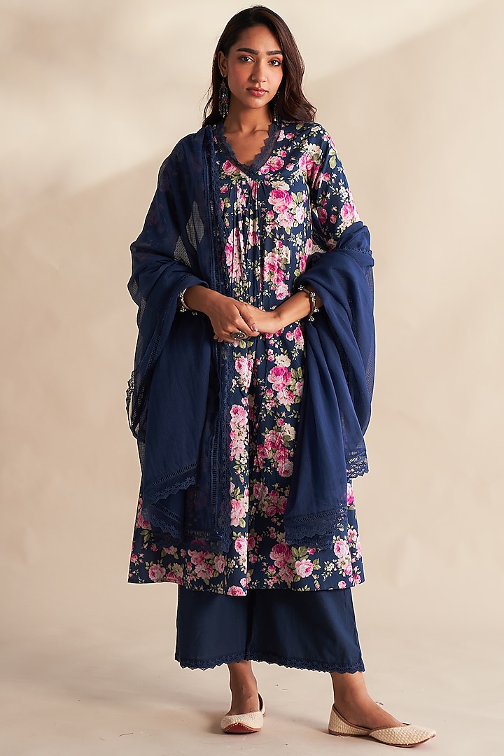 Blue Cambric Cotton Floral Printed Kurta Set by Roze at Pernia's Pop Up Shop