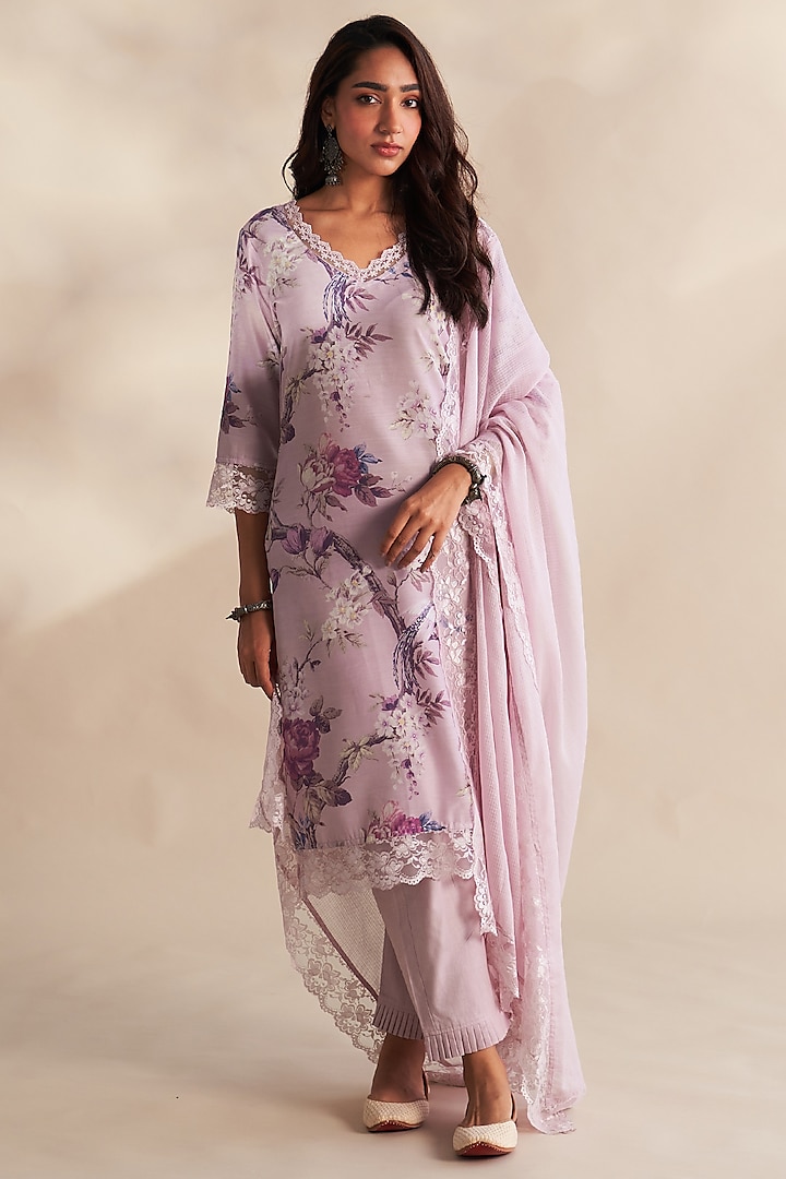 Lilac Cambric Cotton Floral Printed Kurta Set by Roze at Pernia's Pop Up Shop