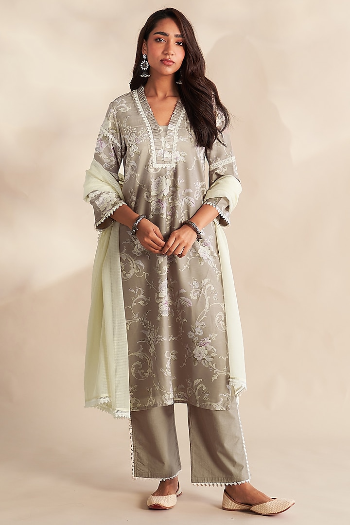 Taupe Cambric Cotton Printed Kurta Set by Roze at Pernia's Pop Up Shop