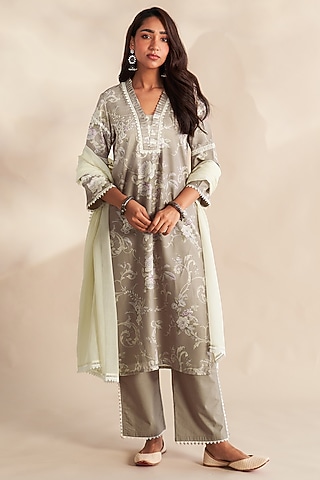 Taupe Cambric Cotton Printed Kurta Set by Roze