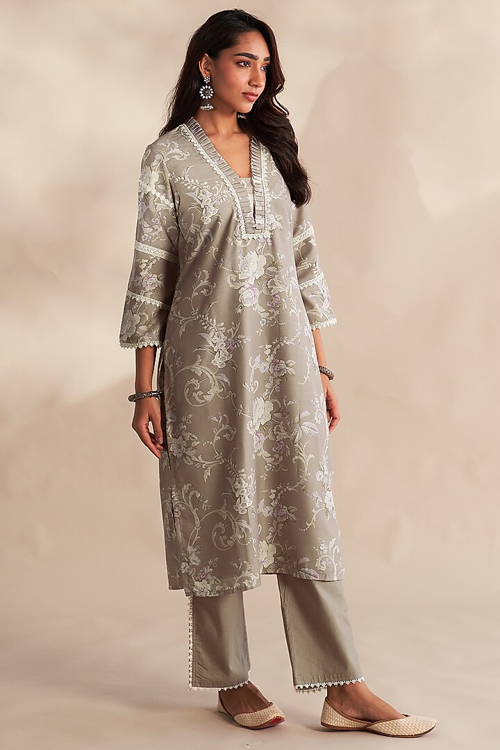 Taupe Cambric Cotton Printed Kurta Set by Roze at Pernia's Pop Up Shop