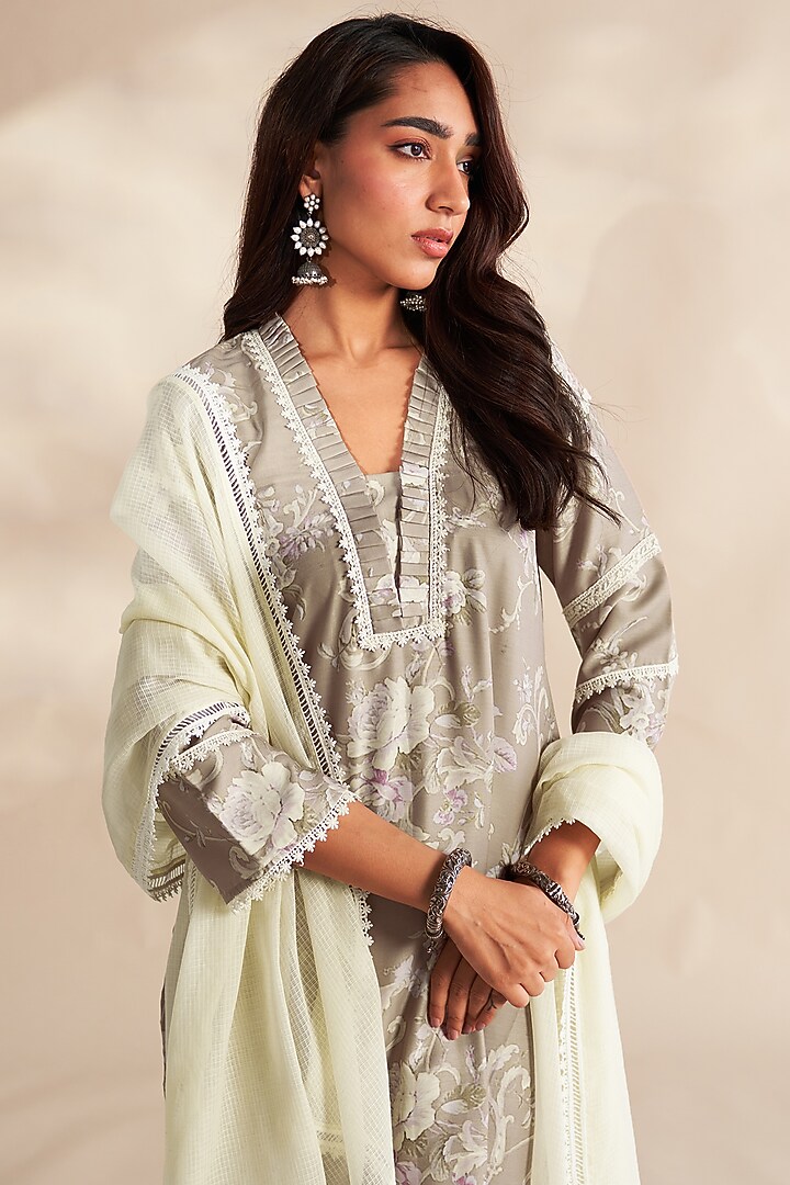 Taupe Cambric Cotton Printed Kurta Set by Roze at Pernia's Pop Up Shop