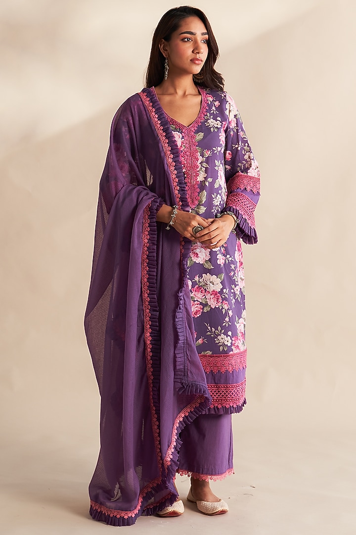 Purple Cambric Cotton Floral Printed Kurta Set by Roze at Pernia's Pop Up Shop