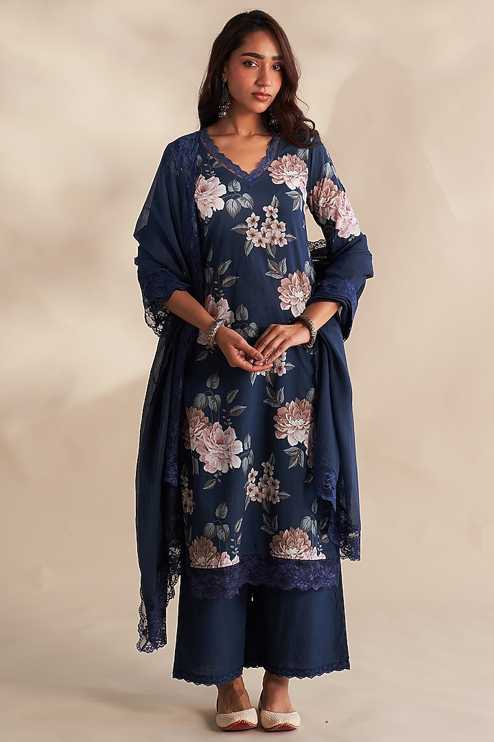 Blue Cambric Cotton Floral Printed Kurta Set by Roze at Pernia's Pop Up Shop