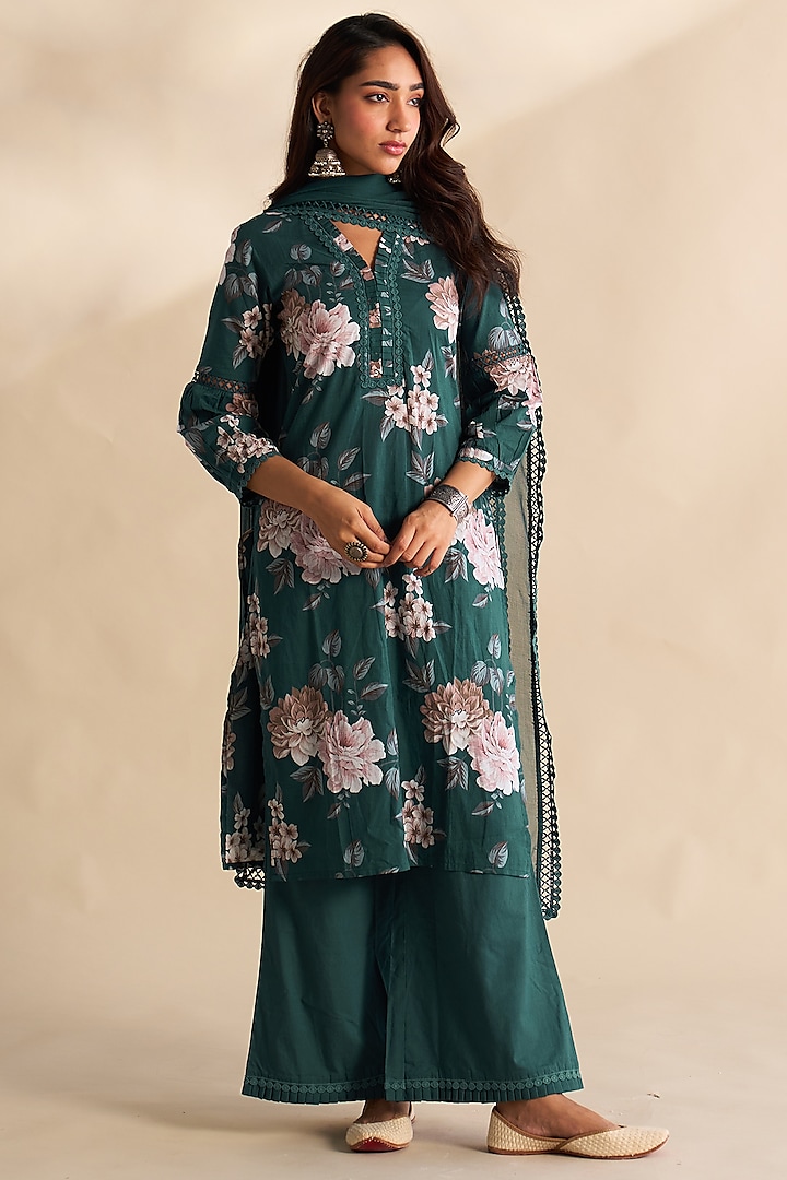 Green Cambric Cotton Floral Kurta Set by Roze at Pernia's Pop Up Shop