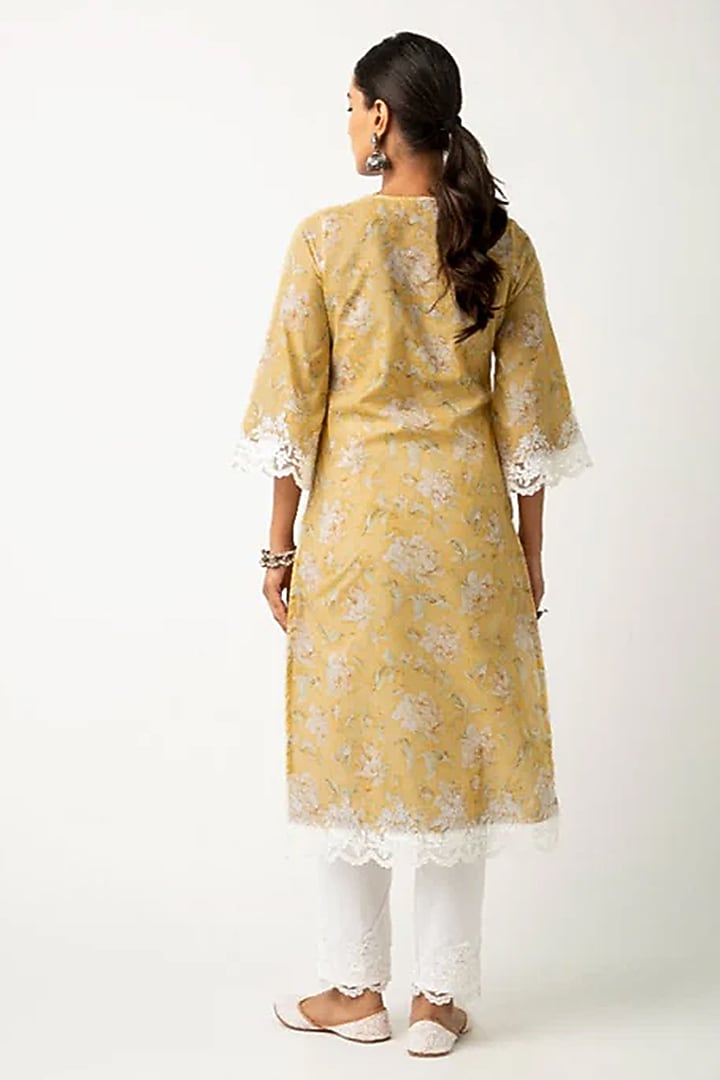 Yellow Cotton Floral Kurta Set by Roze at Pernia's Pop Up Shop