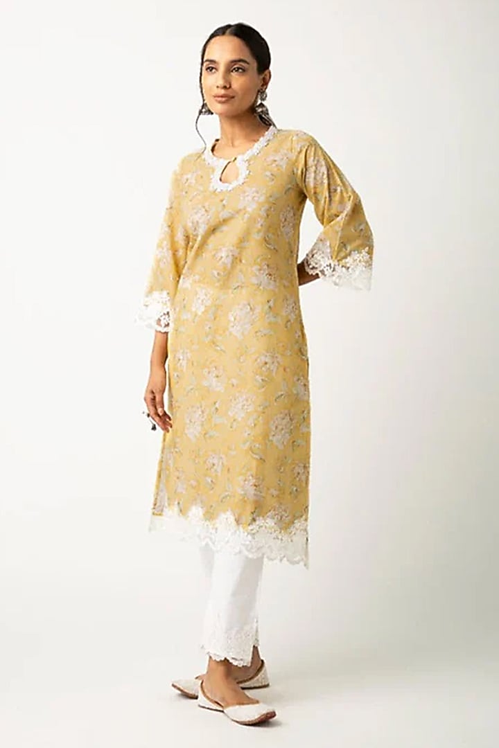 Yellow Cotton Floral Kurta Set by Roze at Pernia's Pop Up Shop