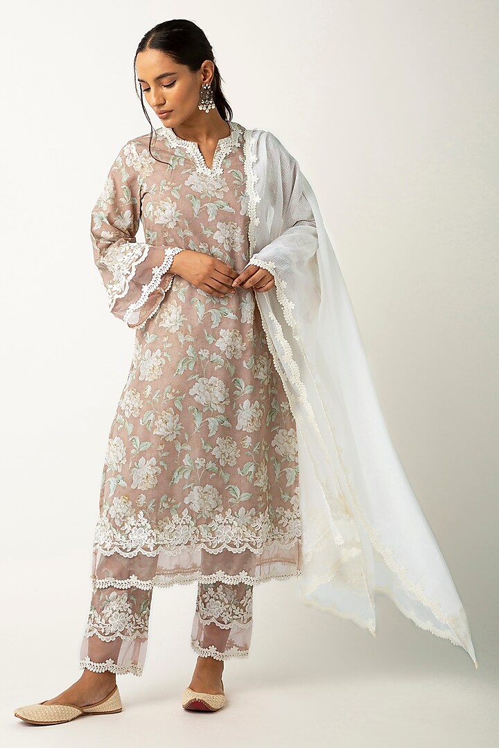 Brown Cotton Printed & Lace Work Kurta Set by Roze at Pernia's Pop Up Shop