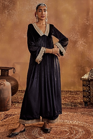Black Lycra Chanderi Anarkali Set by Roze