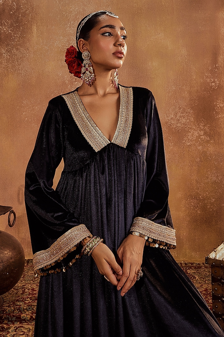 Black Lycra Chanderi Anarkali Set by Roze at Pernia's Pop Up Shop