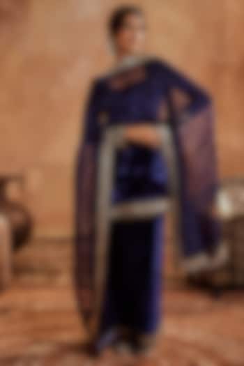 Blue Micro Velvet Lacework Kurta Set by Roze at Pernia's Pop Up Shop