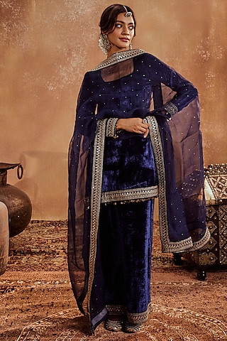 Blue Micro Velvet Lacework Kurta Set by Roze