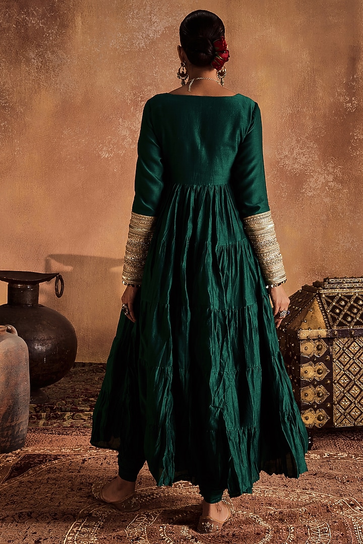 Green Pure Chanderi Party Wear Anarkali Set by Roze at Pernia's Pop Up Shop