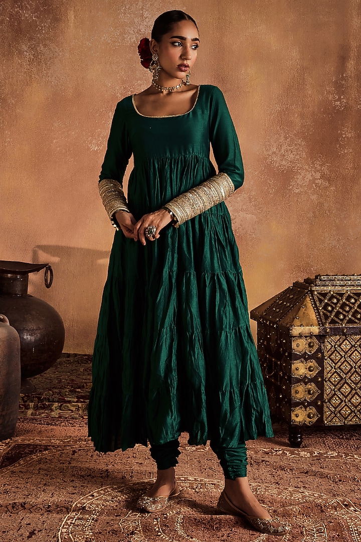 Green Pure Chanderi Party Wear Anarkali Set by Roze at Pernia's Pop Up Shop