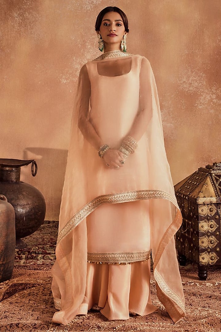 Peach Soft Tissue Embroidered Straight Kurta Set by Roze at Pernia's Pop Up Shop