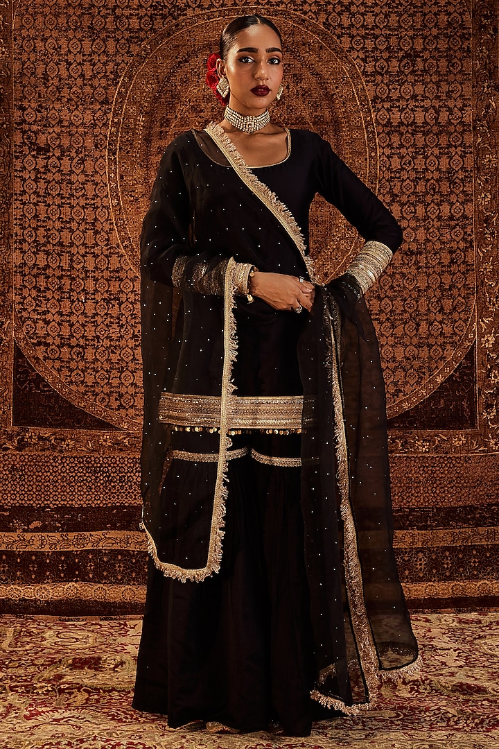 Black Pure Chanderi Sharara Set by Roze at Pernia's Pop Up Shop