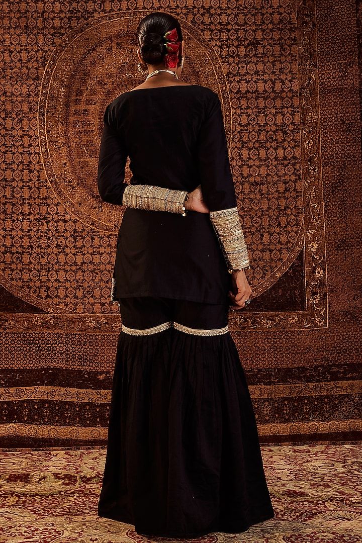Black Pure Chanderi Party Wear Sharara Set by Roze at Pernia's Pop Up Shop