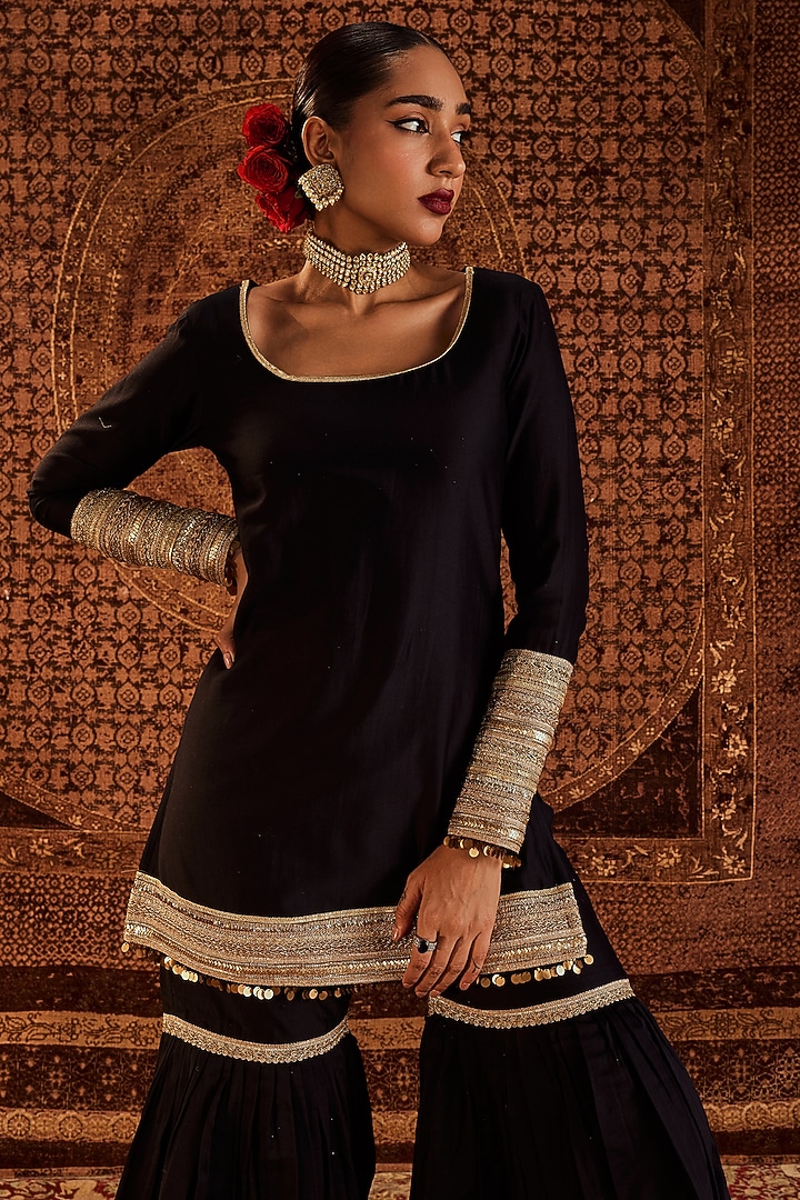 Black Pure Chanderi Party Wear Sharara Set by Roze at Pernia's Pop Up Shop