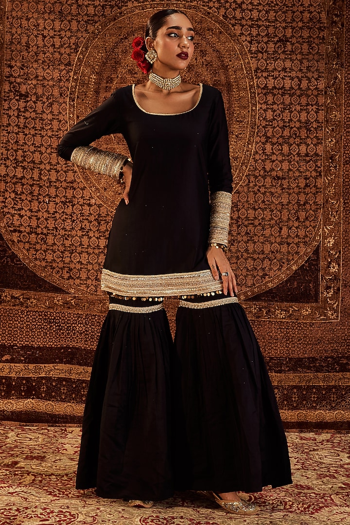 Black Pure Chanderi Party Wear Sharara Set by Roze at Pernia's Pop Up Shop