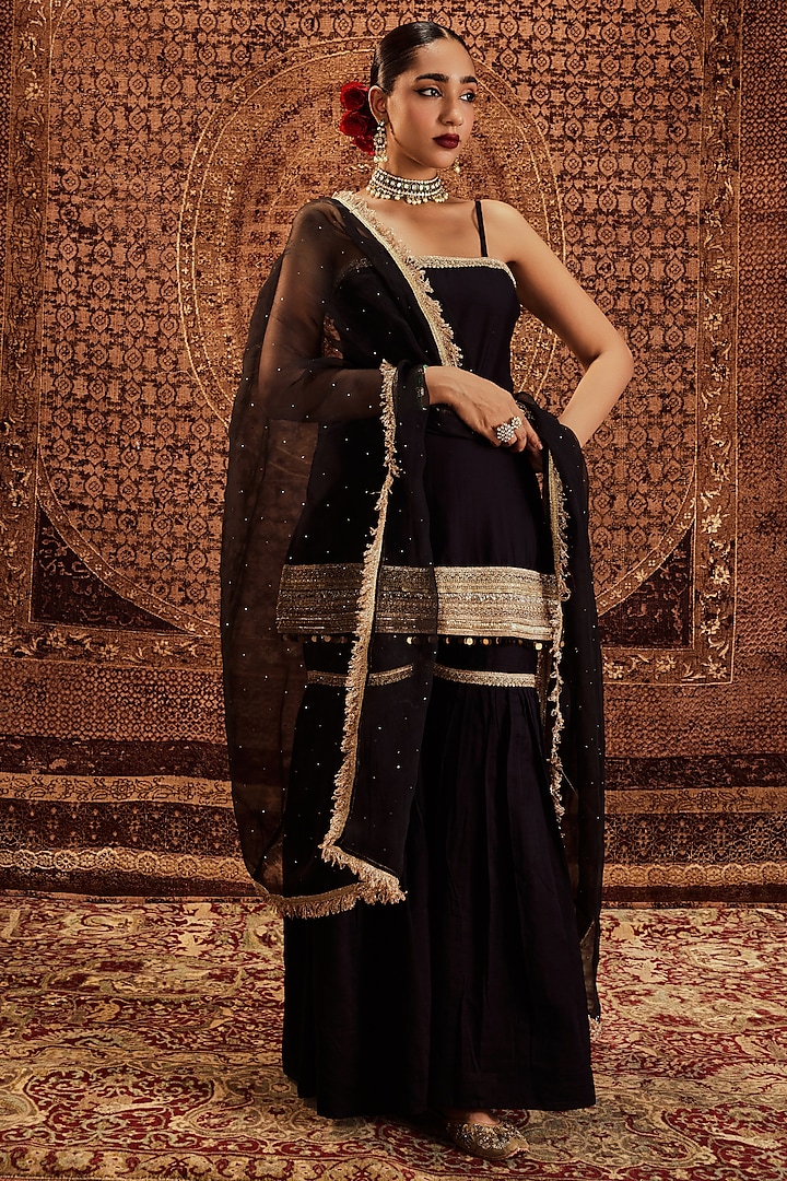 Black Pure Chanderi Sharara Set by Roze at Pernia's Pop Up Shop