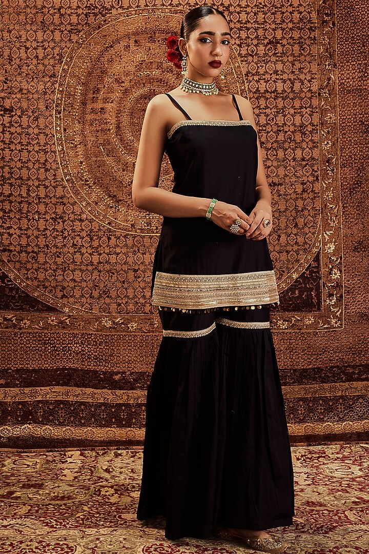 Black Pure Chanderi Party Wear Sharara Set by Roze at Pernia's Pop Up Shop