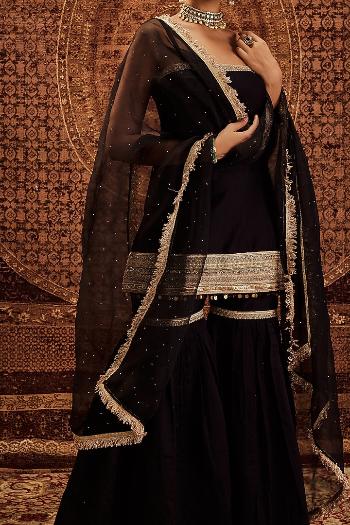 Black Pure Chanderi Party Wear Sharara Set by Roze at Pernia's Pop Up Shop