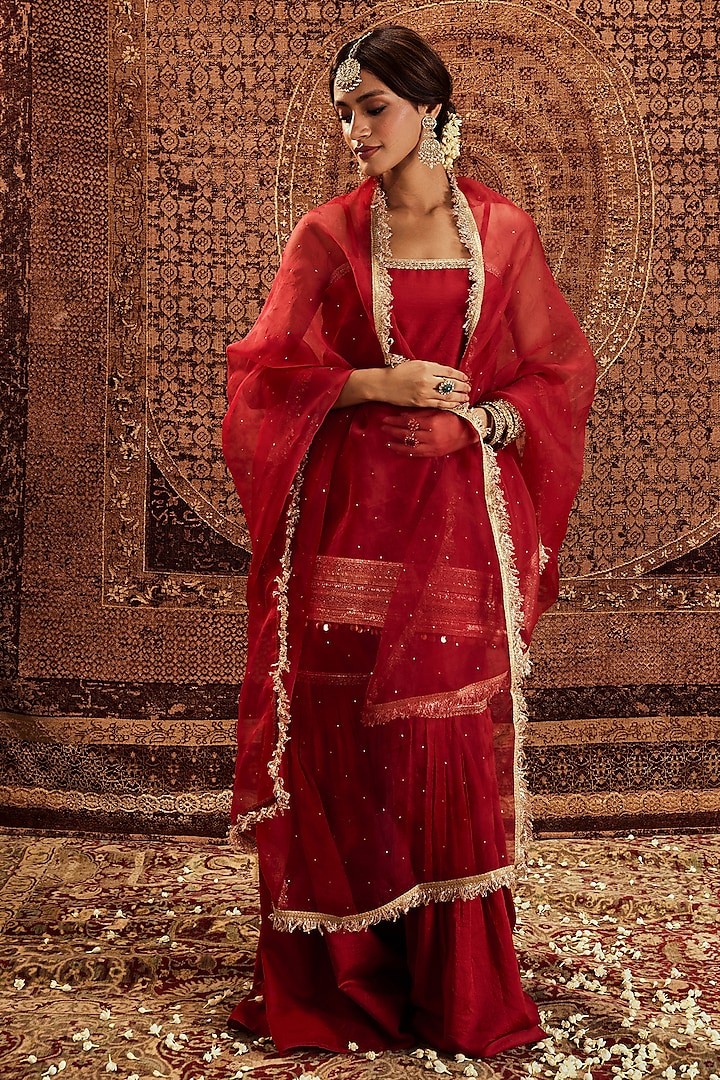 Red Pure Chanderi Sharara Set by Roze at Pernia's Pop Up Shop