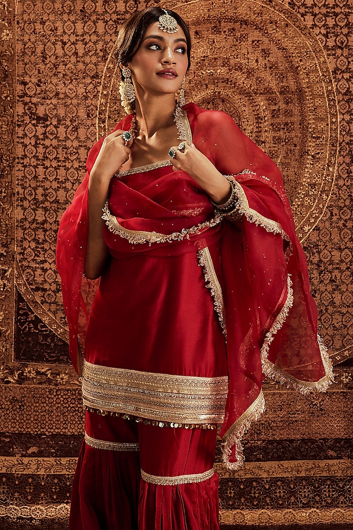 Red Pure Chanderi Party Wear Sharara Set by Roze at Pernia's Pop Up Shop