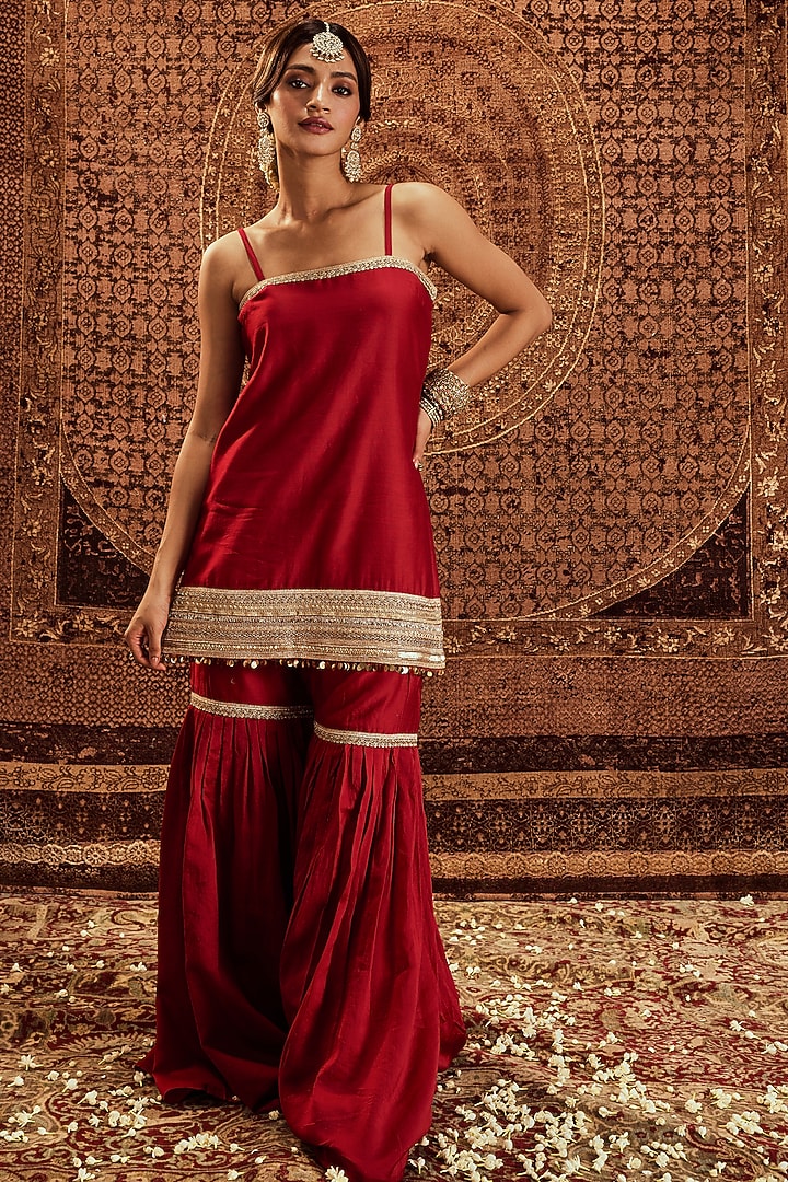 Red Pure Chanderi Party Wear Sharara Set by Roze at Pernia's Pop Up Shop