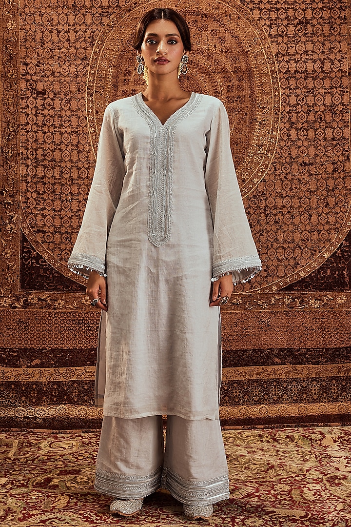 Silver Soft Tissue Metal Sequins Work Kurta Set by Roze at Pernia's Pop Up Shop