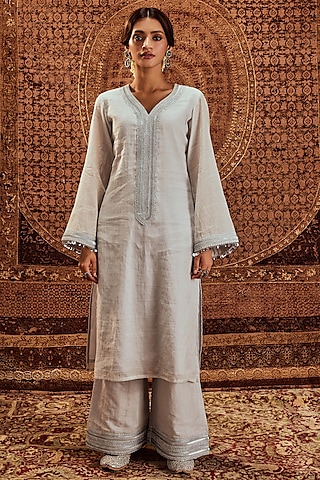 Silver Soft Tissue Metal Sequins Work Kurta Set by Roze