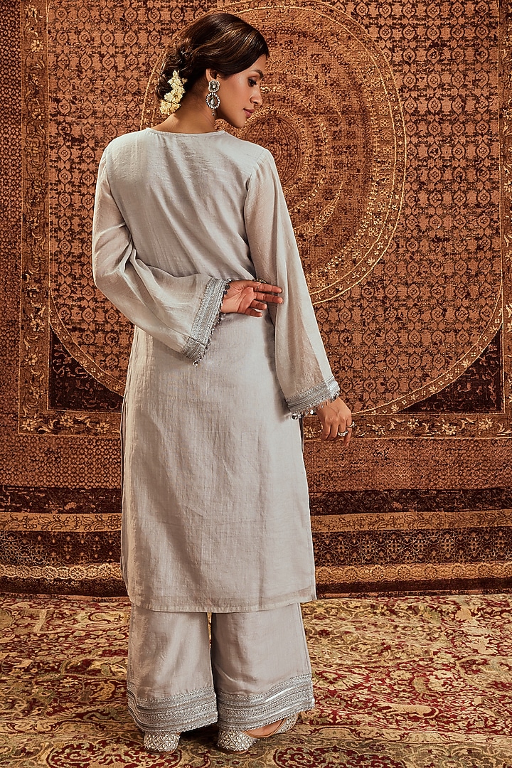 Silver Soft Tissue Metal Sequins Work Kurta Set by Roze at Pernia's Pop Up Shop