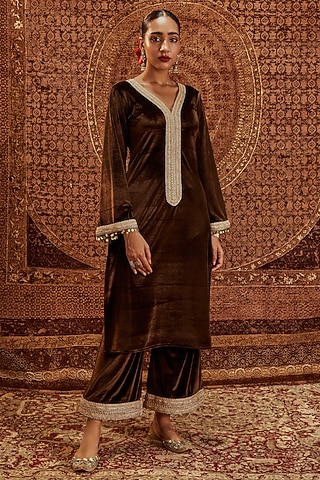 Brown Micro Velvet Lacework Kurta Set by Roze
