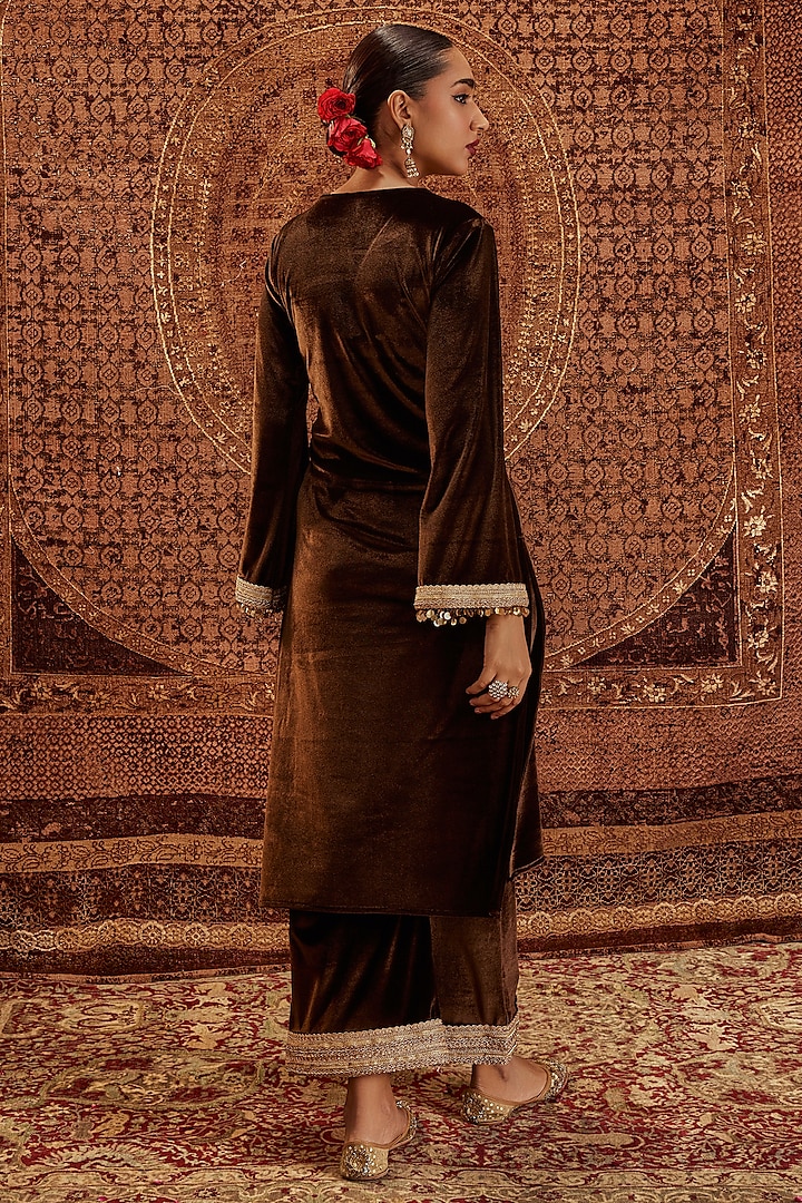Brown Micro Velvet Lacework Kurta Set by Roze at Pernia's Pop Up Shop